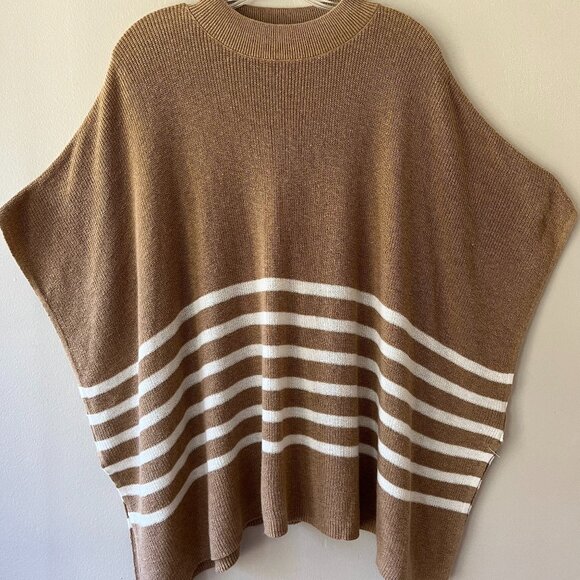 J.CREW One Size Tan White Mock Neck Poncho Stripe Pullover Sweater Cover Up - Picture 1 of 7
